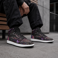 Shadow Work Unisex High Top Sneakers, Psychedelic Geometric Shoes, Black Purple Streetwear, Alternative Festival Fashion, Rave Shoes