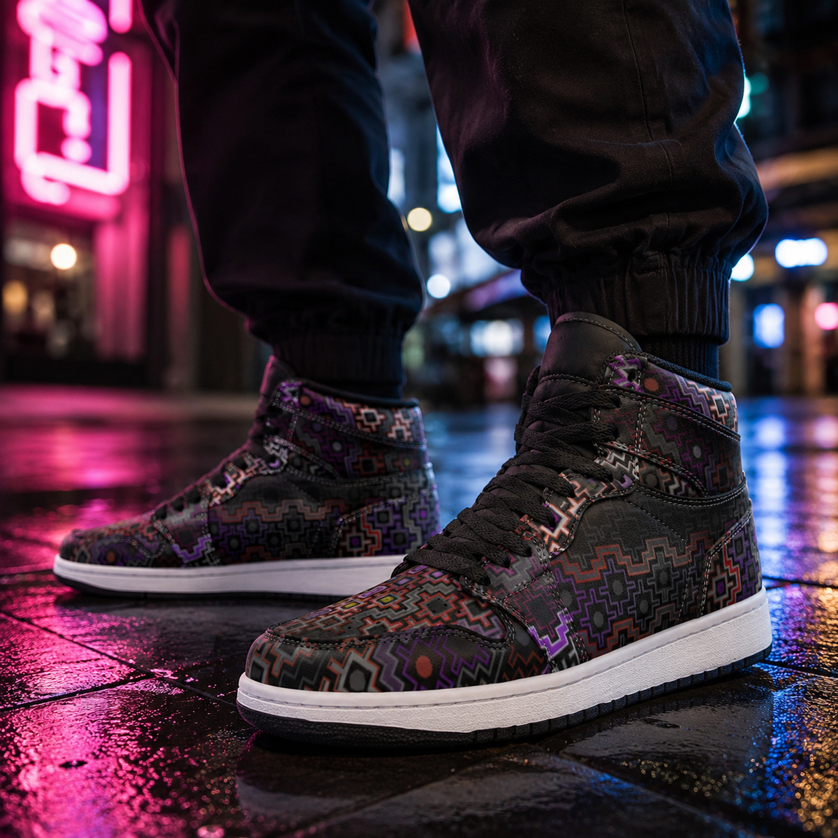 Shadow Work Unisex High Top Sneakers, Psychedelic Geometric Shoes, Black Purple Streetwear, Alternative Festival Fashion, Rave Shoes
