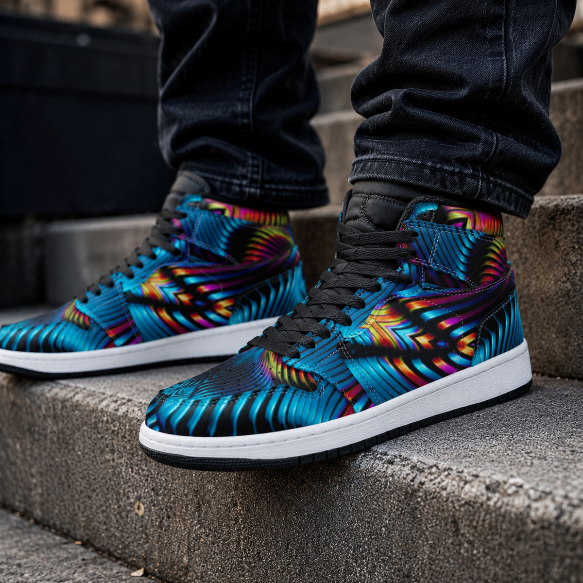 Xenoform Unisex High Top Sneakers, Psychedelic Optical Art Shoes, Colorful Festival Streetwear, Rave Fashion Basketball Shoes