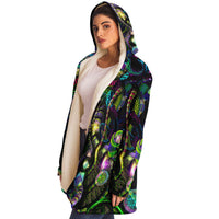 Mystic Temptation Micro Fleece Cloak, Hooded Wearable Art, Psychedelic Festival Layer — wearer-right three-quarter — hood lowered
