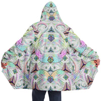 Hyperjewels Micro Fleece Cloak, Hooded Wearable Art, Psychedelic Festival Layer — front — hood raised