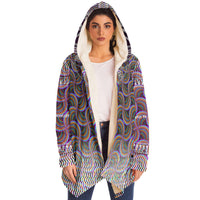 Sacred Seed Micro Fleece Cloak, Hooded Wearable Art, Psychedelic Festival Layer — wearer-right three-quarter — hood lowered