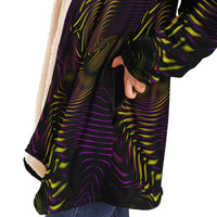 Velvet Flow Micro Fleece Cloak, Hooded Wearable Art, Psychedelic Festival Layer — wearer-right three-quarter — hood lowered