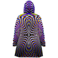 Xebrax Micro Fleece Cloak, Hooded Wearable Art, Psychedelic Festival Layer — front — hood lowered