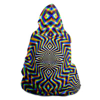 Chromadelic Hooded Blanket, Prismatic Op Art Sherpa Throw, Psychedelic Boho Gift, Optical Illusion Sacred Blanket