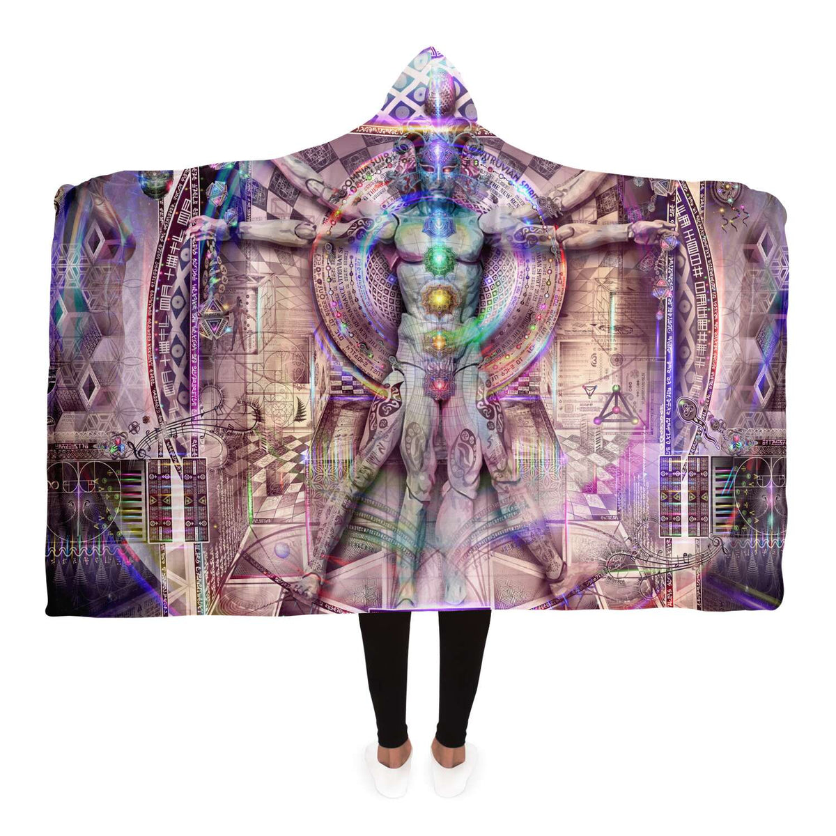 Vitruvian Spirit Hooded Blanket, Chakra Figure Sacred Geometry Sherpa Throw, Visionary Art Gift, Esoteric Diagram Blanket