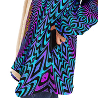 Xenoflow Micro Fleece Cloak, Hooded Wearable Art, Psychedelic Festival Layer — back — hood raised