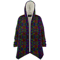 Prismatic Overlay Micro Fleece Cloak, Hooded Wearable Art, Psychedelic Festival Layer — back — hood raised
