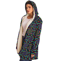 Vohex Micro Fleece Cloak, Hooded Wearable Art, Psychedelic Festival Layer — wearer-right three-quarter — hood lowered