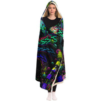 Primordial Playroom Hooded Blanket, Dreamlike Face Neon Sherpa Throw, Surreal Boho Gift, Visionary Psychedelic Blanket