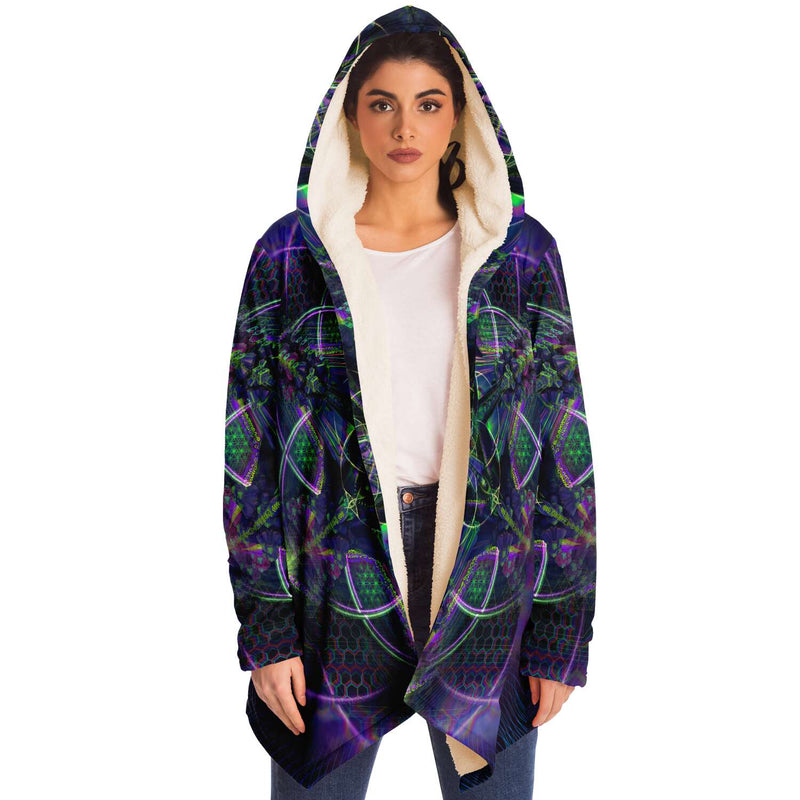 Trance Nectar Micro Fleece Cloak, Hooded Wearable Art, Psychedelic Festival Layer — front — hood raised