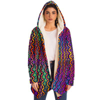 Rainbow Healing Micro Fleece Cloak, Hooded Wearable Art, Psychedelic Festival Layer — back spread — hood raised
