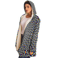Hypnodelica Micro Fleece Cloak, Hooded Wearable Art, Psychedelic Festival Layer — wearer-right three-quarter — hood lowered