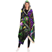 Mystic Temptation Hooded Blanket, Cosmic Shaman Neon Sherpa Throw, Bohemian Ceremonial Gift, Visionary Spiritual Blanket