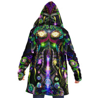 Mystic Temptation Micro Fleece Cloak, Hooded Wearable Art, Psychedelic Festival Layer — front — hood lowered