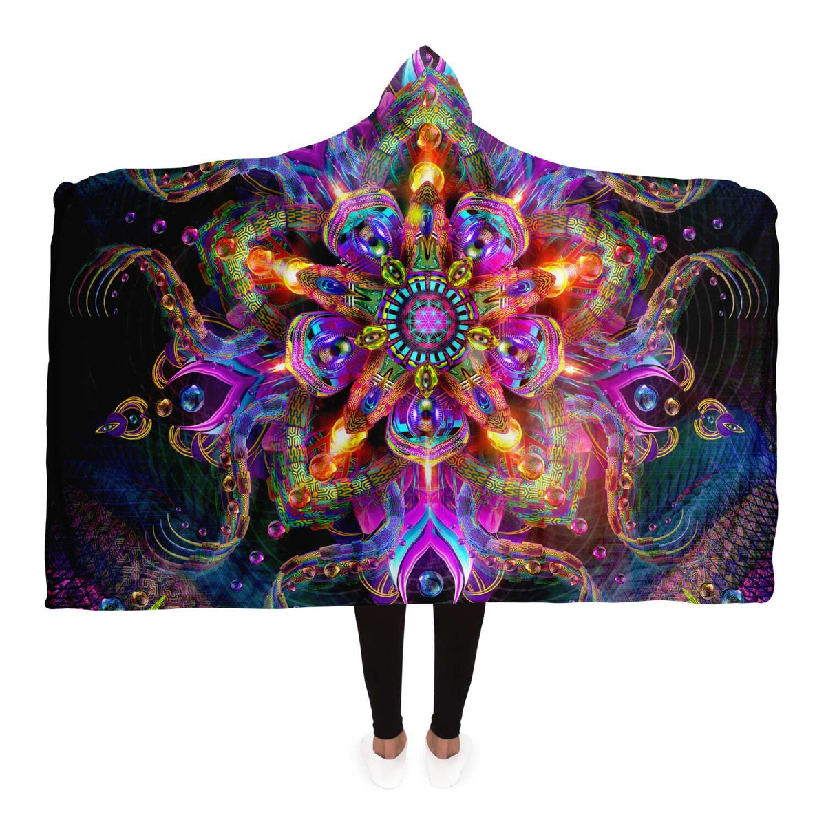 Asteroidea Venusia Hooded Blanket, Neon Mandala Sherpa Throw, Boho Cosmic Gift, Visionary Sacred Geometry Blanket