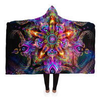 Asteroidea Venusia Hooded Blanket, Neon Mandala Sherpa Throw, Boho Cosmic Gift, Visionary Sacred Geometry Blanket
