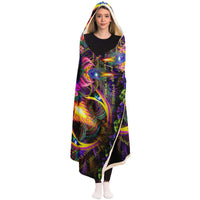 Sylvan Perception Hooded Blanket, Feathered Eye Mandala Sherpa Throw, Green Boho Gift, Psychedelic Flower Blanket