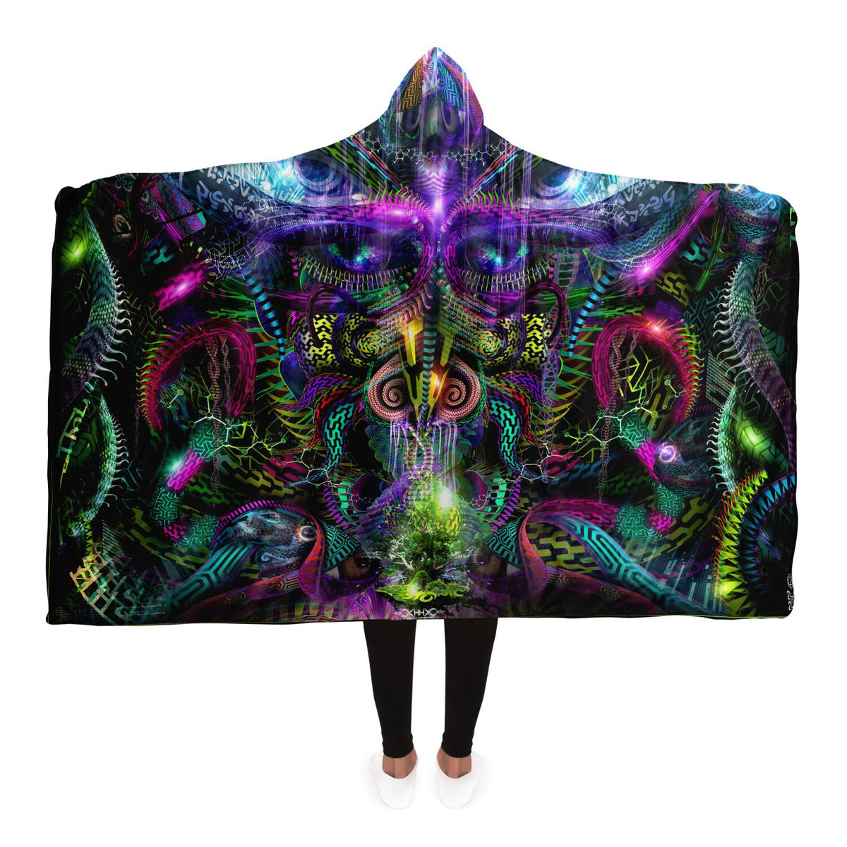 Primordial Archetype Hooded Blanket, Biomechanical Mask Neon Sherpa Throw, Visionary Techno Gift, Ancient Cosmic Blanket