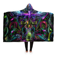 Primordial Archetype Hooded Blanket, Biomechanical Mask Neon Sherpa Throw, Visionary Techno Gift, Ancient Cosmic Blanket