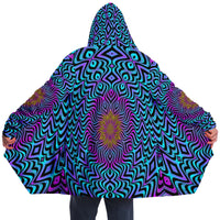 Xenoflow Micro Fleece Cloak, Hooded Wearable Art, Psychedelic Festival Layer — front — hood lowered
