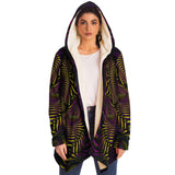 Velvet Flow Micro Fleece Cloak, Hooded Wearable Art, Psychedelic Festival Layer — front — hood raised
