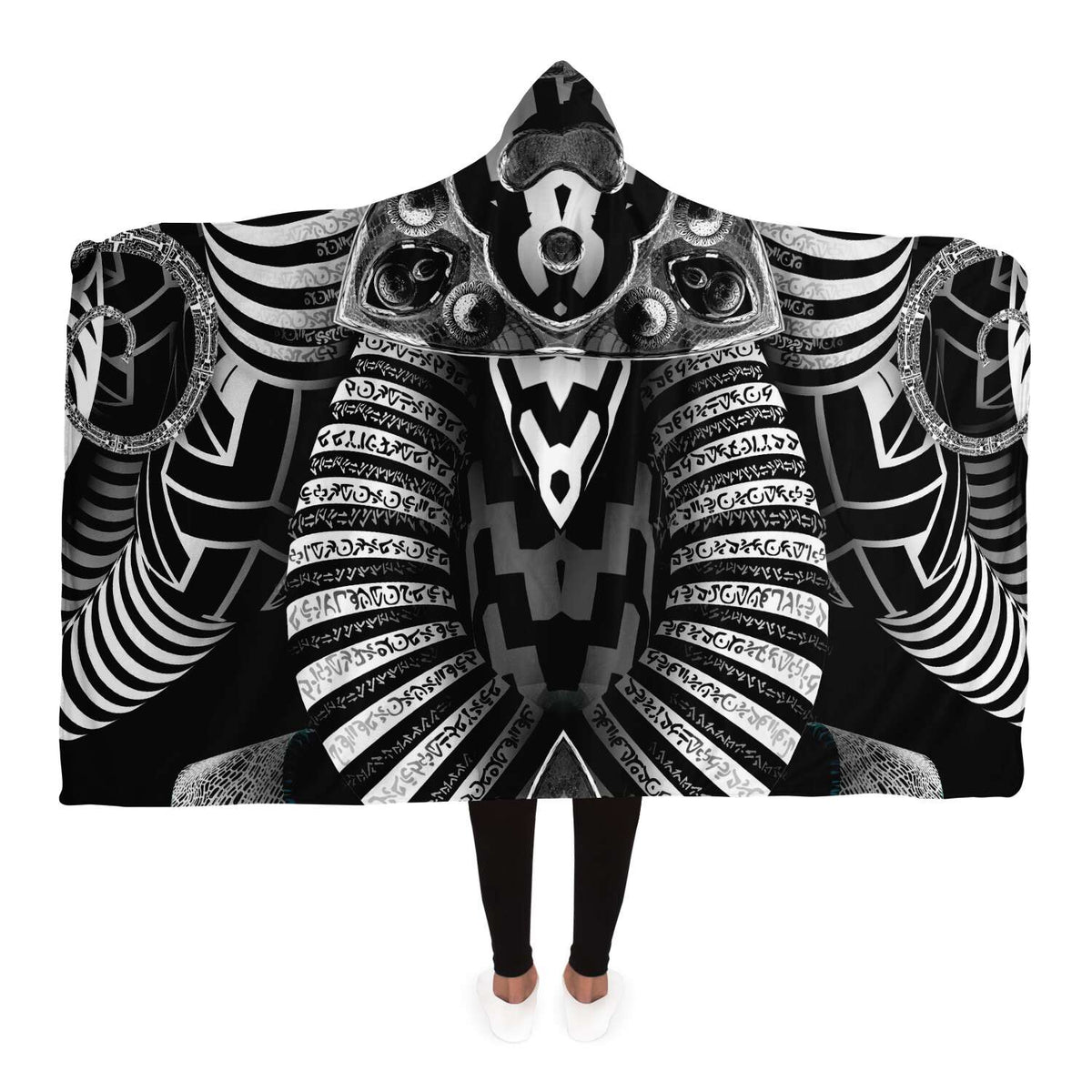 Hypnotica Hooded Blanket, Masked Totem Monochrome Sherpa Throw, Dark Boho Gift, Ritual Sacred Geometry Blanket