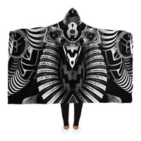 Hypnotica Hooded Blanket, Masked Totem Monochrome Sherpa Throw, Dark Boho Gift, Ritual Sacred Geometry Blanket