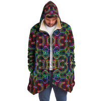 Icaro Micro Fleece Cloak, Hooded Wearable Art, Psychedelic Festival Layer — front — hood raised