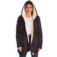Prismatic Overlay Micro Fleece Cloak, Hooded Wearable Art, Psychedelic Festival Layer — back spread — hood raised