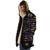 Scintillating Spirit Micro Fleece Cloak, Hooded Wearable Art, Psychedelic Festival Layer — wearer-right three-quarter — hood lowered