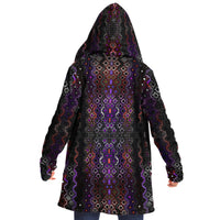 Twilight Healing Micro Fleece Cloak, Hooded Wearable Art, Psychedelic Festival Layer — front — hood lowered