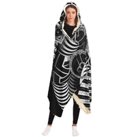 Hypnotica Hooded Blanket, Masked Totem Monochrome Sherpa Throw, Dark Boho Gift, Ritual Sacred Geometry Blanket