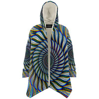 Phonetic Vortex Micro Fleece Cloak, Hooded Wearable Art, Psychedelic Festival Layer — front — hood lowered