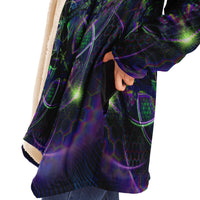 Trance Nectar Micro Fleece Cloak, Hooded Wearable Art, Psychedelic Festival Layer — wearer-right three-quarter — hood lowered
