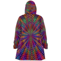 Rainbow Flow Micro Fleece Cloak, Hooded Wearable Art, Psychedelic Festival Layer — back spread — hood raised