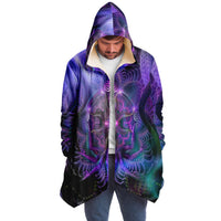 Luminous Presence Micro Fleece Cloak, Hooded Wearable Art, Psychedelic Festival Layer — back spread — hood raised