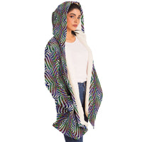Hypnotic Hills Micro Fleece Cloak, Hooded Wearable Art, Psychedelic Festival Layer — wearer-right three-quarter — hood lowered