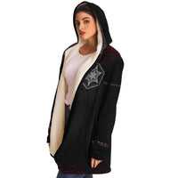 Morningstar Cloak Micro Fleece Cloak, Hooded Wearable Art, Psychedelic Festival Layer — wearer-right three-quarter — hood lowered