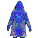 Holowave Micro Fleece Cloak, Hooded Wearable Art, Psychedelic Festival Layer — front — hood lowered
