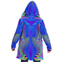 Holowave Micro Fleece Cloak, Hooded Wearable Art, Psychedelic Festival Layer — front — hood lowered