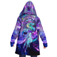 Satyam Shivam Sundaram Micro Fleece Cloak, Hooded Wearable Art, Psychedelic Festival Layer — back — hood raised