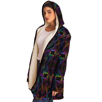 Psytron Micro Fleece Cloak, Hooded Wearable Art, Psychedelic Festival Layer — wearer-right three-quarter — hood lowered