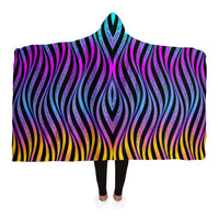Xenowave Hooded Blanket, Neon Wave Geometric Sherpa Throw, Electric Boho Gift, Luminous Ribbon Blanket