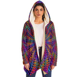 Rainbow Flow Micro Fleece Cloak, Hooded Wearable Art, Psychedelic Festival Layer — wearer-right three-quarter — hood lowered