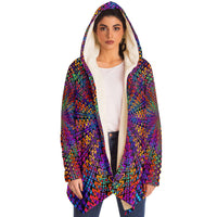 Rainbow Flow Micro Fleece Cloak, Hooded Wearable Art, Psychedelic Festival Layer — wearer-right three-quarter — hood lowered