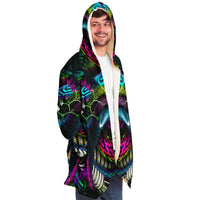 Jungle Juice Micro Fleece Cloak, Hooded Wearable Art, Psychedelic Festival Layer — front — hood lowered