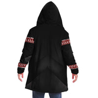 Urban Samurai Micro Fleece Cloak, Hooded Wearable Art, Psychedelic Festival Layer — back — hood raised