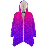 Sacral Bloom Micro Fleece Cloak, Hooded Wearable Art, Psychedelic Festival Layer — wearer-right three-quarter — hood lowered