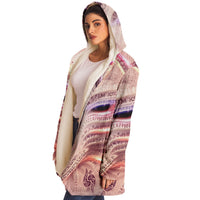 Wolfheart Micro Fleece Cloak, Hooded Wearable Art, Psychedelic Festival Layer — wearer-right three-quarter — hood lowered